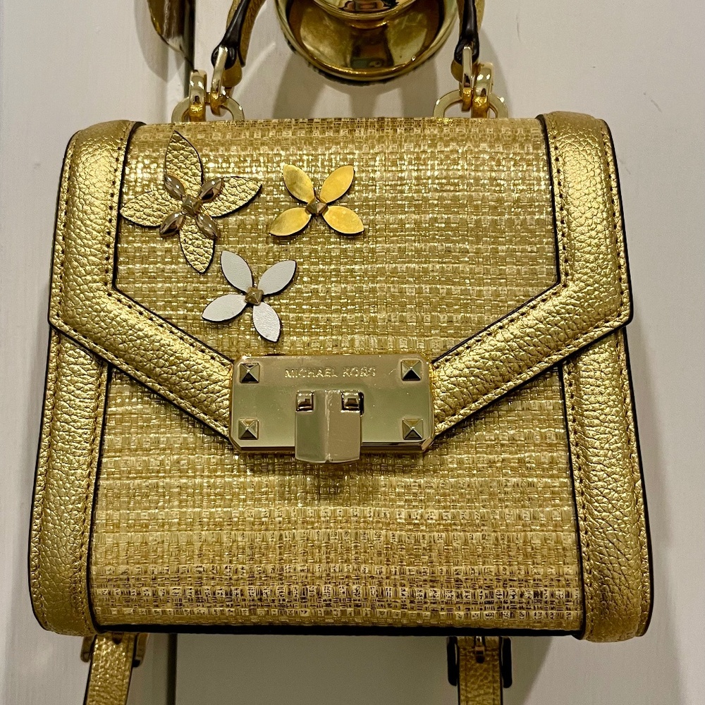 Michael Kors Mini Gold Crossbody Bag with Floral Appliqué